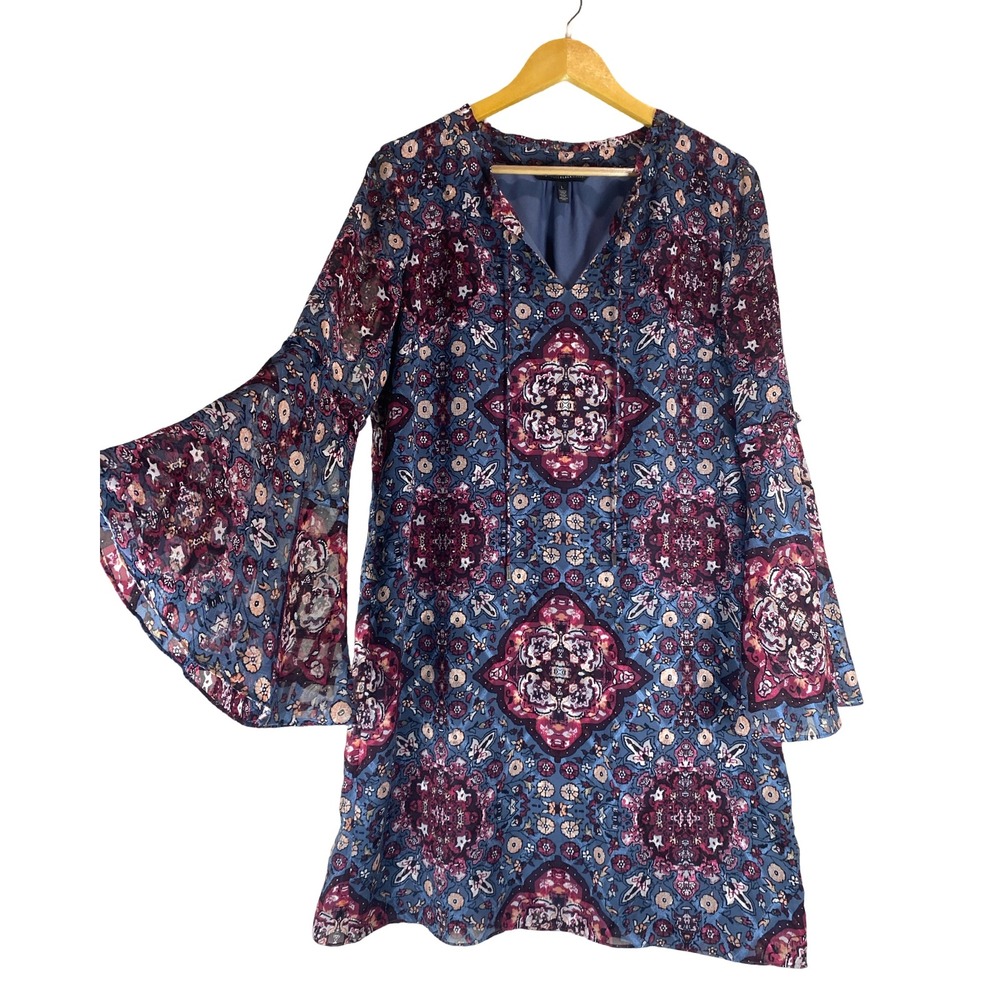 WHBM Boho Medallion Print Bell Sleeve Shift Dress Womens L Chiffon Festive Vacay